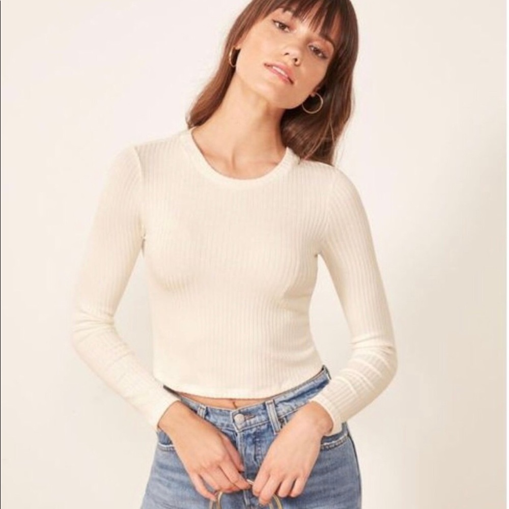 Reformation Jeans Jackie Ivory Ribbed Longsleeve Knit Crewneck Top size Medium